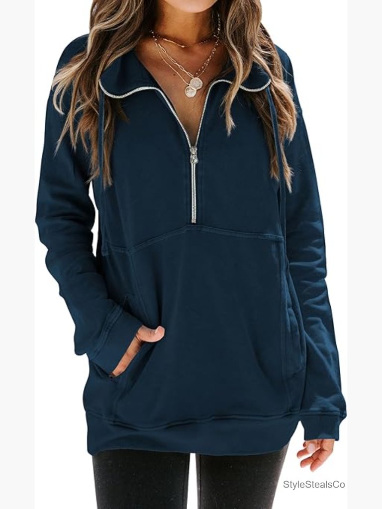 Half Zip Lapel Drawstring Pullover Oversized Sweatshirt With Kangaroo Pocket